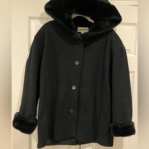 Vintage Albert Nipon Boutique Black Pea Coat with Fur Trim 100% Wool